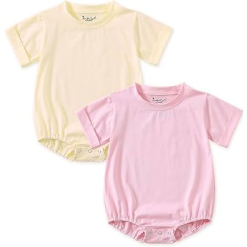 Jimonda Baby Bubble Rompers Boy Girl Solid Color T-Shirt Outfits Short Sleeve Button Bodysuit Cotton Tops Clothes 2Pcs
