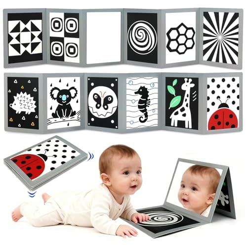 KUANGO Black and White High Contrast Tummy Time Mirror Toys Newborn Toys 0 6 Months Brain Development Infant Stimulating Sensory Baby Book 0-3 3-6 2 4 5 Months Old Baby Boy Girl Gifts