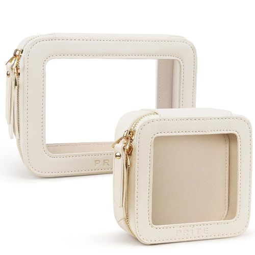 Prite Clear Makeup Bag Set for Women Portable Clear Makeup Bag Cute Waterproof Travel Cosmetic Bag with Gold Zipper for Car Essentials(Beige)