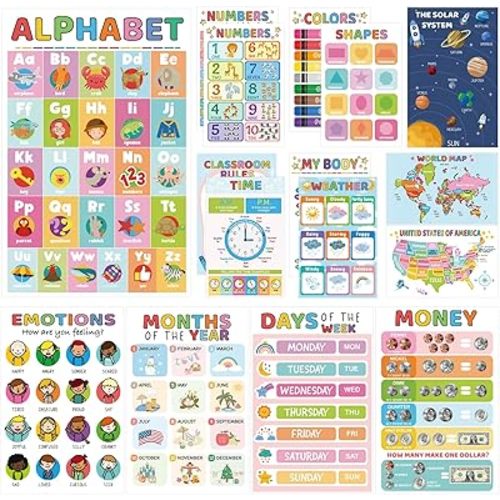 FloraSea 16 Educational Posters for Toddlers 1-3, Laminated Classroom Learning Posters for Kids 3-5, Kindergarten Preschool Homeschool Essentials Alphabet Number Chart Classroom Wall Decor
