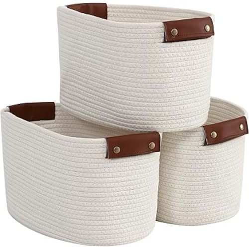 3 Pack Cotton Rope Storage Basket Woven Shelf Storage Bin with Faux Leather Handles, Decorative Closet Shelf Woven Basket for Storage Organizers, 15 x 10 x 9, Cream