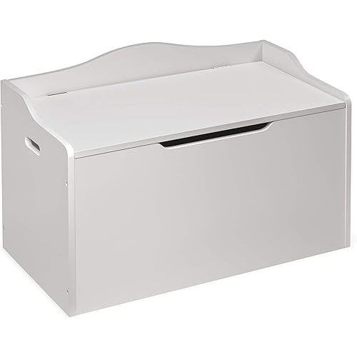 Badger Basket Bench-Top Wooden Toy Box - Kids Storage Chest and Bench Combo with Dual Safety Hinges, Side Handles, Front Slot - Organizer for Toys and Essentials - White