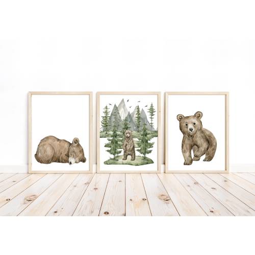 Baby Bear Cub Woodland Forest Animals Wilderness Watercolor Nursery Decor Set of 3 Unframed Prints