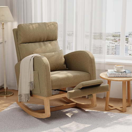 Rocking Glider Chair with Footrest, Side Pockets and Pillow, Nursery Accent Chair, for Living Room Bedroom Nursing Room, Light Brown
