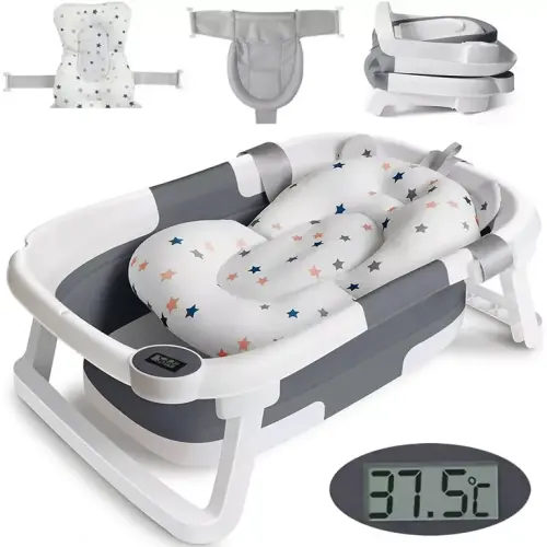 TOPCHANCES Collapsible Newborn to Toddler Baby Bathtub with Thermometer, Cushion & Bath Net, Portable, Grey