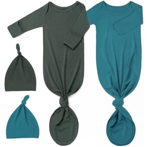 2Pk Newborn Knotted Gown Set, Soft Baby Sleep Sack & Hat, Boys Girls Clothes, Easy Diaper Change Baby Gift