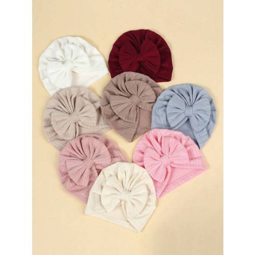 (8pcs/Pack) Infant Newborn Baby Beanies With Bow Knot, Wheat Pattern | SHEIN USA