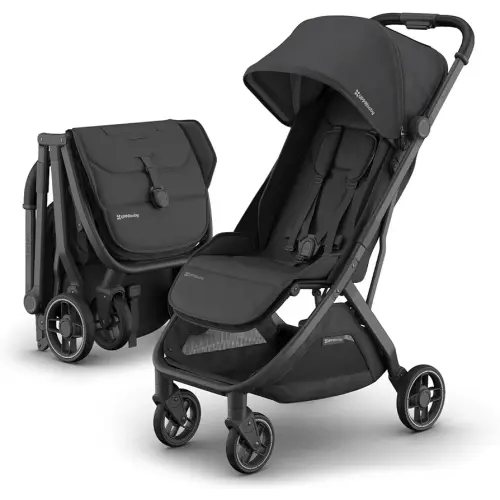UPPAbaby Minu V3 Travel Stroller | Lightweight + Compact Design | One-Hand Fold + Unfold | From Birth + Overhead Compatible | Jake (Charcoal/Carbon Frame/Black Leather)