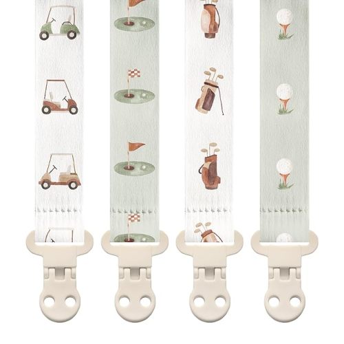 Stadela Baby Pacifier Clip Holder - Girl or Boy Unisex 4 Pack Gift Set – Neutral Modern Golf Theme Green Brown Beige