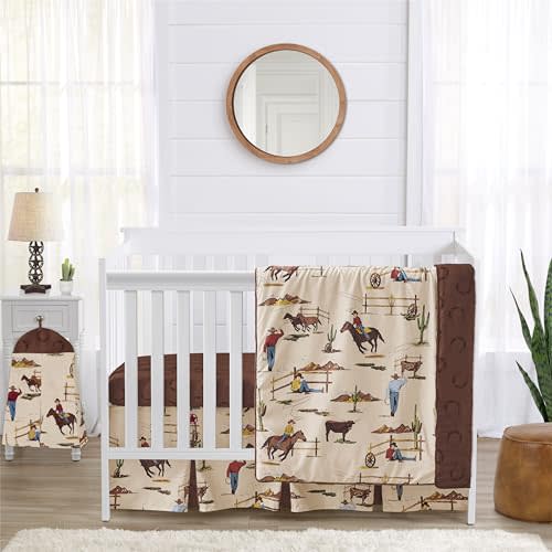 Sweet Jojo Designs 4-Piece Baby Crib Bedding Set (Western Cowboy Print) for Boys, Infants/Nursery incl. Blanket, Fitted Sheet, Skirt, Diaper Stacker (Country, Farm, Horse Ranch, Wild West, Southern)