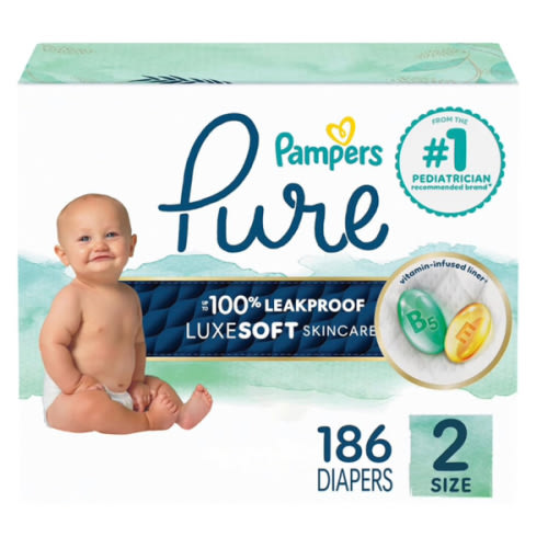 Pampers Pure Protection Baby Diapers, Size 2 (12-18 lbs), 186 Count, Up to 100% Leakproof, Premium Plant-Based Skin Protection, Hypoallergenic Soft Diapers