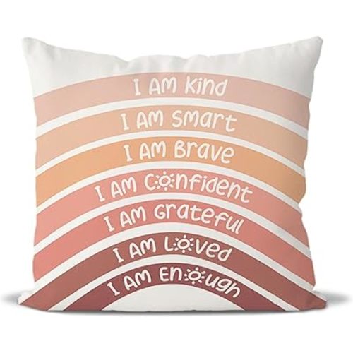 Rainbow Classroom Throw Pillow Covers, Book Center Calming Corner Playroom Decor Pillow Case, Orange Throw Pillow Cover, I Am Kind Smart Brave Confidence 18x18 Inch Pillowcase（Orange） - 18" x 18"