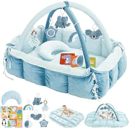 5-in-1 Baby Play Gym and Tummy Time Mat, Tummy Time Pillow & 12 Learning Cards, Plush Activity Mat with 6 Toys, Baby Gym, Convertible to Ball Pit, Baby Gift, Blue