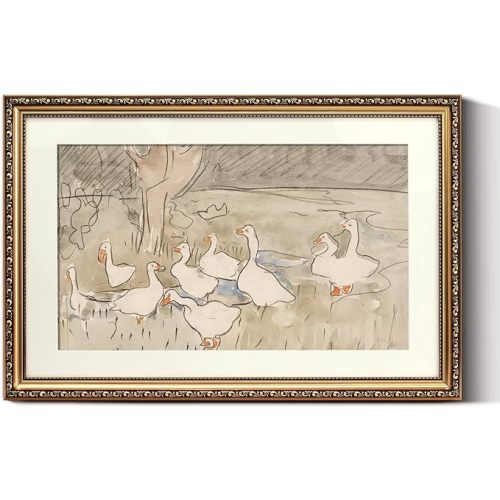 ARPEOTCY Vintage Gold Framed Large Wall Art, Farmhouse Nursery Duck Paintings, Canvas Prints with Antique Picture Frame, Cute Duck Illustration Victorian Wall Decor for Living Room 16x24 inch