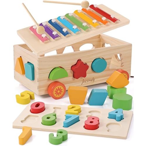 Shape Sorter - Wooden Xylophone and Montessori Number Puzzle Set for Babies - Educational Sorting Game with Storage Car for Toddlers