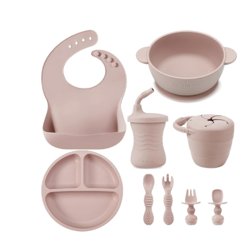 PandaEar Silicone Baby Feeding Set | 9PCS Baby Led Weaning Supplies Self Feeding Utensils | Divided Suction Plate Bowl Bibs Sippy Cup with Baby Snack Container Spoons Forks (Pink)