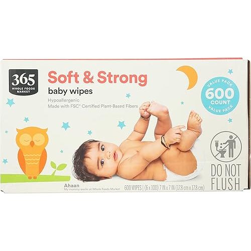 365 by Whole Foods Market, Soft & Strong Disposable Baby Wipes, Fragrance-Free, 100 Count (Pack of 6)