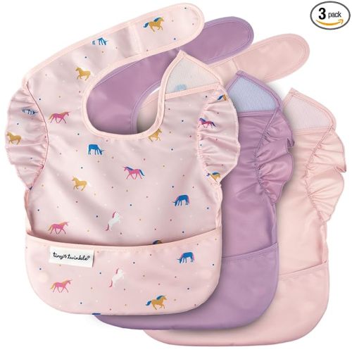 Tiny Twinkle Mess-Proof Baby Bibs for Eating | Waterproof, Wipeable Toddler Bibs with Catch-All Pocket | Feeding Bibs for Girls & Boys(3 Pack,Unicorn Set)