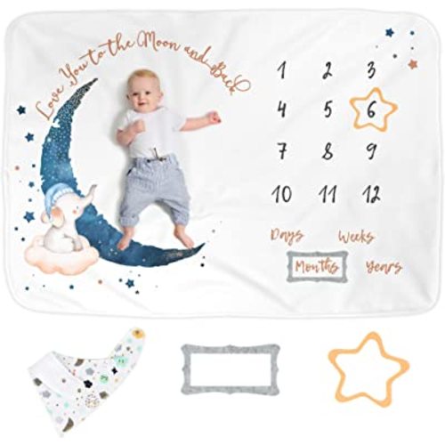 Luka & Lily Baby Milestone Blanket - Ultra Soft Fleece Monthly Milestone Blanket for Baby Girl and Boy - Perfect for Baby's First Year Growth Chart - Monthly Baby Milestone - Elephant Moon - 60"x40"