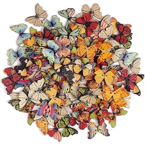 100 PCS Butterfly Wooden Buttons,1 Inch Colorful 2 Holes Mixed Decorative Buttons for DIY Sewing&Wood Craft Clothes Accessories