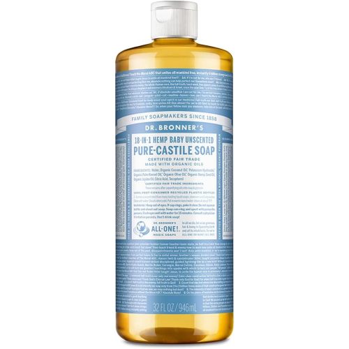 Dr. Bronner's - Pure-Castile Liquid Soap (Baby Unscented, 32 ounce) - Made with Organic Oils, 18-in-1 Uses: Face, Hair, Laundry and Dishes, For Sensitive Skin and Babies, No Added Fragrance, Vegan
