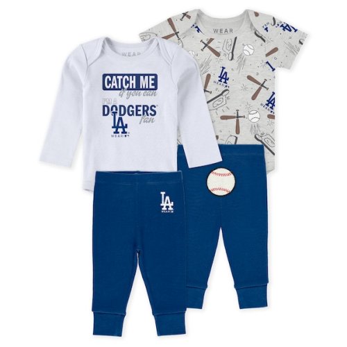 Newborn & Infant Los Angeles Dodgers WEAR by Erin Andrews Heather Gray/White/Royal Three-Piece Turn Me Around Bodysuits & Pant Set