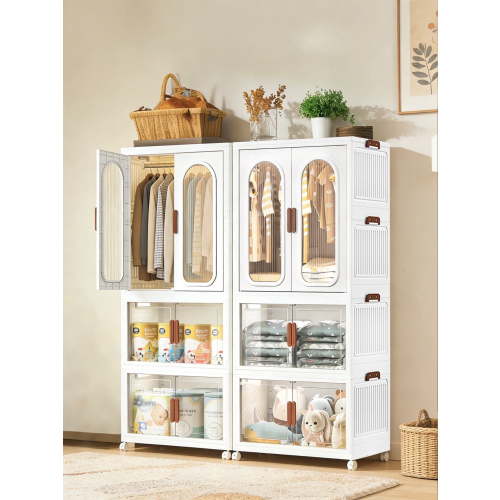 2-Tier Foldable Stackable Plastic Wardrobe, Arched Clear Magnetic Door Clothing Storage Cabinet with Rolling Wheels for Bedroom Dorm