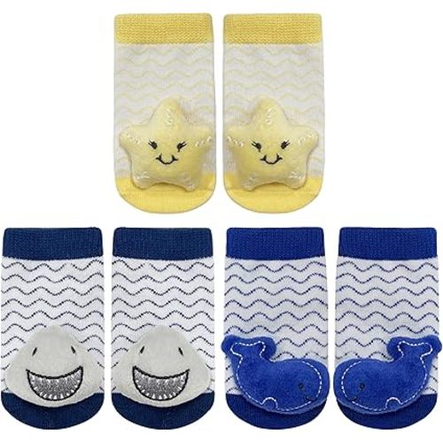 PUPPET Cute Baby Rattle Socks for Infants 0-6 Months Marine Animals Themed Set Starfish Shark Whale Boogie Toes Socks Series