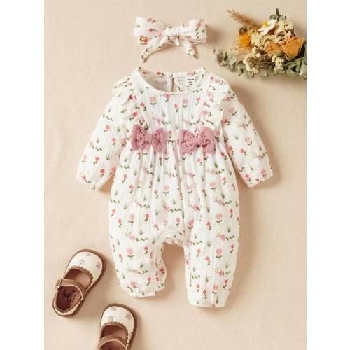 SHEIN Newborn Baby Girl Floral Print Ruffle Trim Bow Detail Jumpsuit With Headband | SHEIN USA