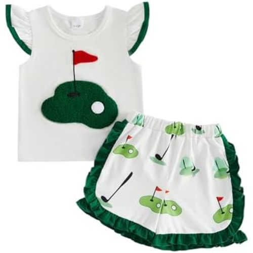 Toddler Girl Golf Outfits Baby Hole In One Golf Fly Sleeve T-shirt Tops+Ruffle Trim Shorts 2Pcs Girls Summer Clothes