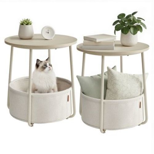 VASAGLE LILEA Collection - Small Round Side End Table, Modern Nightstand with Fabric Basket, for Living Room, Bedroom, Set of 2, Cream White