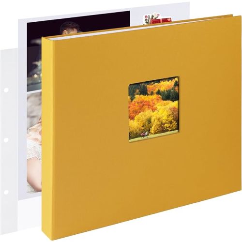 1DOT2 12x12 Inch Large 3 Ring DIY Scrapbook Photo Album Journal with 30 Plastic Sleeves 60 Pages and Fabric Cover for Baby Travel Wedding Anniversary kids Adventure (Indian Yellow Cover/White Pages)