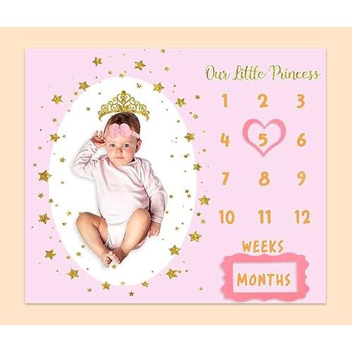 Monthly Milestone Blanket for Baby Girl, 48"x40" Soft Flannel Pink Princess Memory Growth Blanket, Photography Backdrop Prop for Newborn Baby Shower, 1 to 12 Months Include Marks BTLSPH819
