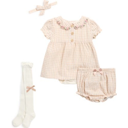 Gingham Skirted Bodysuit, Bloomers, Socks & Headband Set