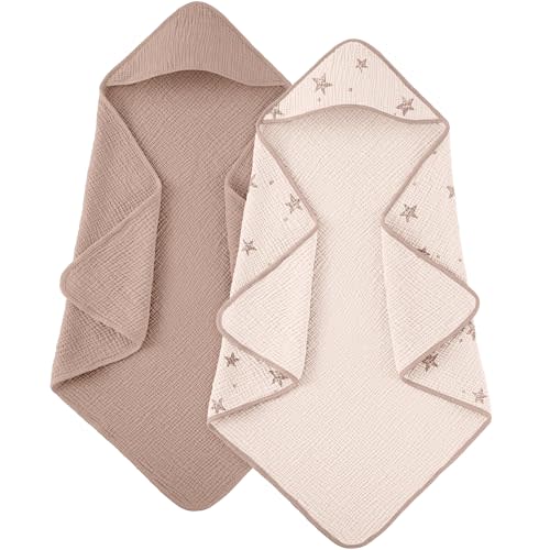 Susurration Hooded Baby Towels for Newborn 2 Pack 100% Muslin Cotton Towel for Babies，Highly Absorbent and Newborn Essential 30x30 Inch Pink Star&Sand