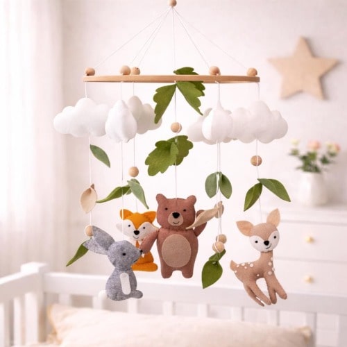 Forest Animal Baby Mobile | Felt Bear Fox Bunny Deer | Woodland Nursery Crib Decor