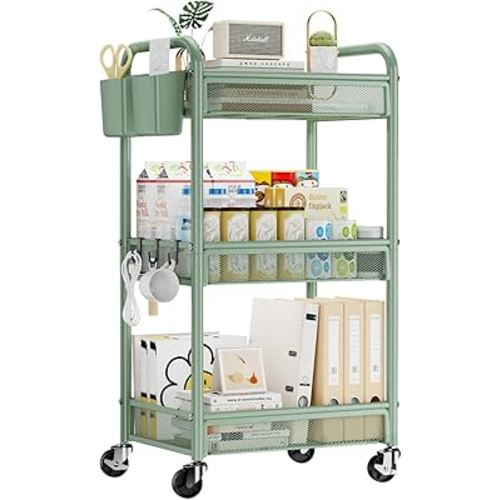 YASONIC 3 Tier Rolling Cart – Metal Utility Storage Carts with Wheels, Craft Carts Organizer with Hanging Cups, Hooks, Mesh Basket for Bedside Kitchen Office Art, Green