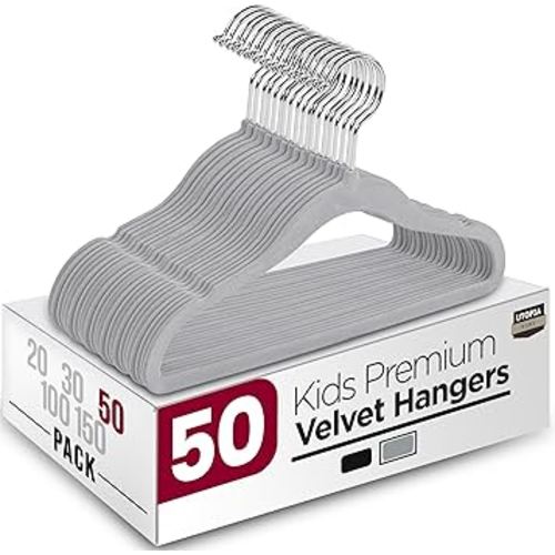 Utopia Home Kids Velvet Hangers 50 Pack – 11 Inch Non-Slip Baby and Toddler Clothes Hangers, Durable Ultra-Slim Space-Saving Closet Organizers (Grey)