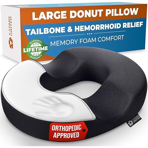 5 STARS UNITED Donut Pillow Hemorrhoid Tailbone Cushion – Large Cushion for Pain Relief – Coccyx, Prostate, Sciatica, Pelvic Floor, Pressure Sores, Pregnancy, Postpartum Recovery, Black