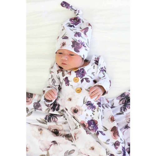 Demi's Dusty Purple Floral Newborn Baby Knot Gown & Hat Set