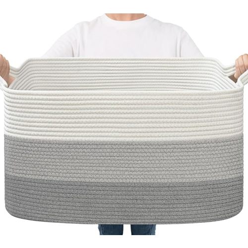 Goodpick Storage Basket, 21.6" x 14.9" x 11.8", Blanket Basket for Living Room, Large Woven Baskets for Storage, Toy Organizer, Rectangle Rope Baskets for Organizing, Gray