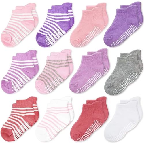 CozyWay Baby & Toddler Socks with Grippers Non Slip Ankle Grip Socks For Boys and Girls - Comfy Soft Cotton - 12 Pack