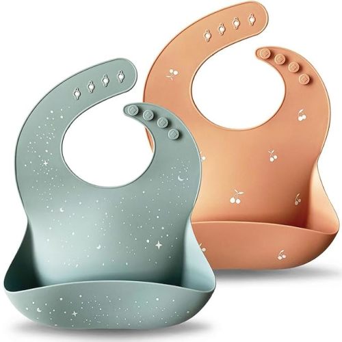 Moonkie Silicone Baby Bibs Set of 2, Waterproof Feeding Bibs for Toddlers, Adjustable Soft Silicone Bibs with Deep Food Catcher Pocket, BPA-Free, Dishwasher Safe (Ether/Muted)