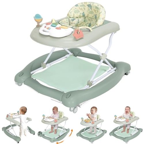 Foldable Baby 5-in-1 Activity Walker - Rocker, Activity Center, Bouncer, Seat Walker, Push Walker - Adjustable Speed Rear Wheels and Height Toys Ages 6-18 Months… (Mint Green)