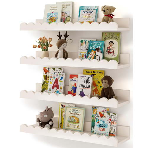 Nursery Book Shelves 4-Pack, White Floating Wall Shelves for Kids Room Decor, Scalloped Edge Bookshelves, Baby Toddler Bedroom Storage Organizer, White