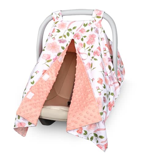 TANOFAR Baby Carseat Canopy, Peekaboo Opening Car Seat Canopy for Babies, Soft and Breathable Infant Carrier Canopy, Multi-use Baby Carrier, Stroller, Nursing Cover, Minky Blanket, Pink Bow