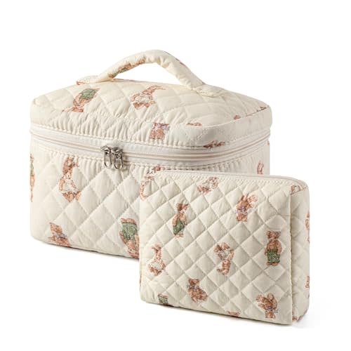 uekeboag 2 pcs Large Floral Quilted Makeup Bag Set for Women, Cotton Quilted Big Cosmetic Bag, Coquette Aesthetic Cute Travel Toiletry Bag