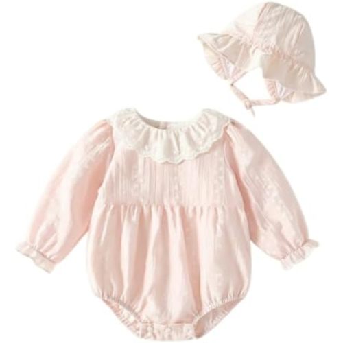 Baby Girl Bubble Romper Ruffle Lace Peter Pan Collar Puff Sleeve Bodysuit with Bonnet Baby Cute Summer Outfits