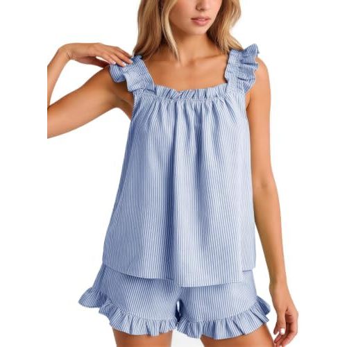 Flygo Striped Pajamas Set for Women Cotton 2 Piece Lounge Sets Ruffle Cami Top and Shorts Cute Summer Pj Sleepwear