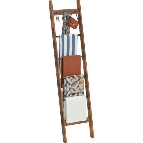Escalera de manta de 6 pies para sala de estar, estante decorativo de 6 niveles con 3 ganchos extraíbles, estante de soporte para manta de granja para dormitorio, marrón rústico y negro